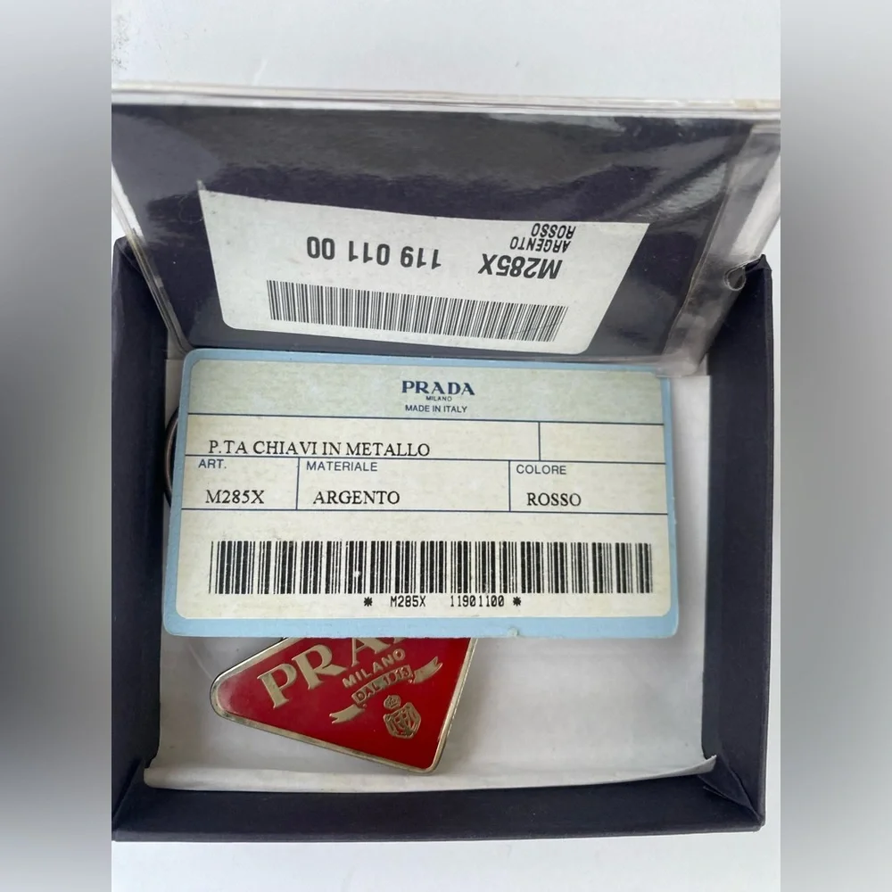 Prada Enameled Metal Key Ring in Red/Gold Triangle Unisex Key Holder